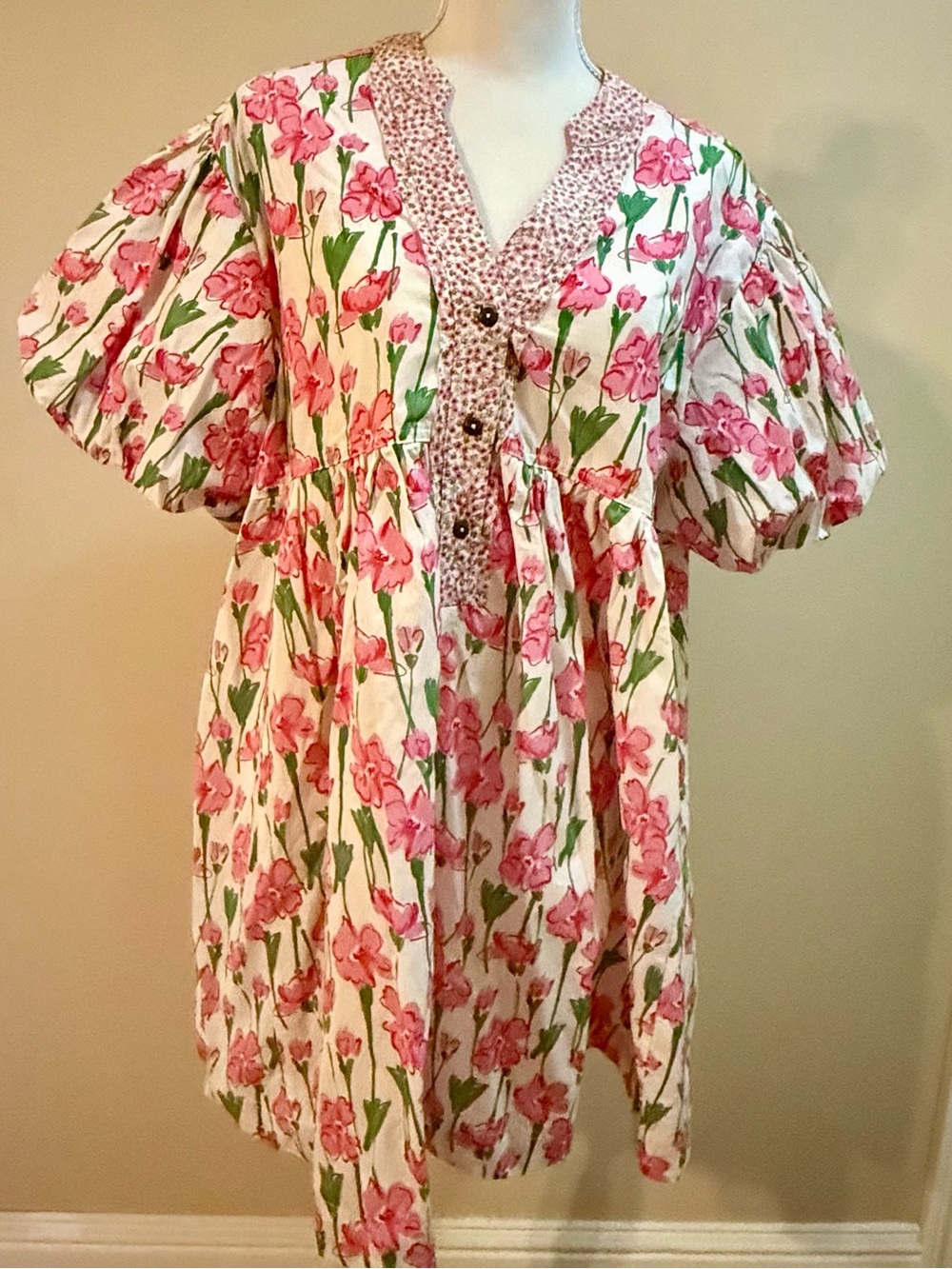 Floral Pink Cotton Dress with Puff Sleeves